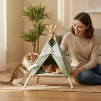 Cat Tent with Wooden Frame Removable Pet Cover Teepee Washable Pet Teepee for Cats, Small Dogs, Living Room, Indoor
