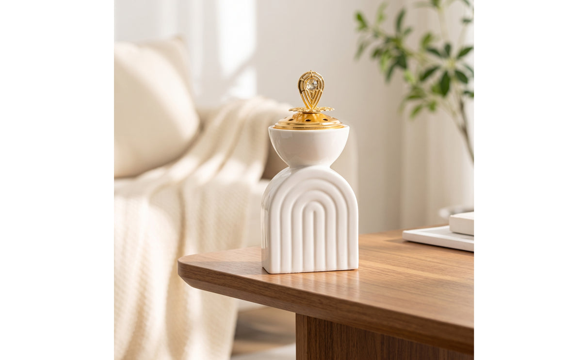 Ceramic Scent Holder with Metal Lid Decorative Ceramic Censer with Metal Cover Tabletop Arch Scent Holder For