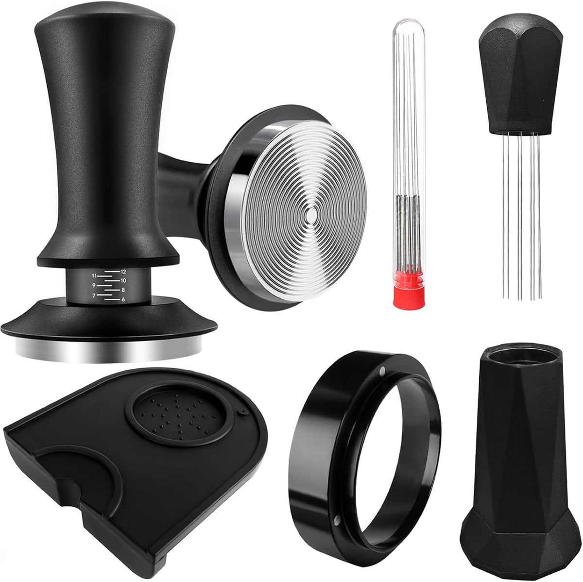 Stainless Steel Coffee Tamper with Adjustable Calibration and Magnetic Dosing Ring Kit