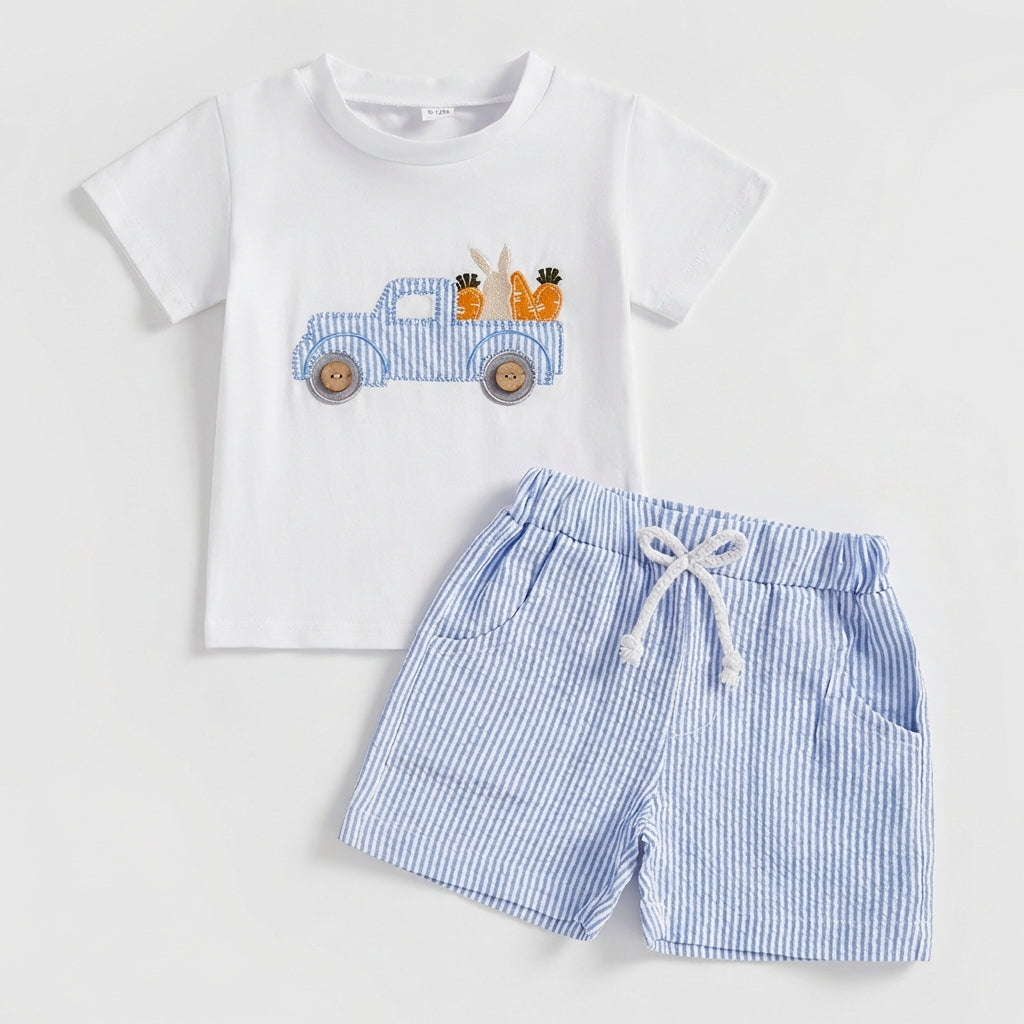T-Shirt and Shorts Set Skin-Friendly Boys Easter Outfit Elastic Waist Striped Shorts and Tee Set for Young Children, Infants, Summer, Holiday Party