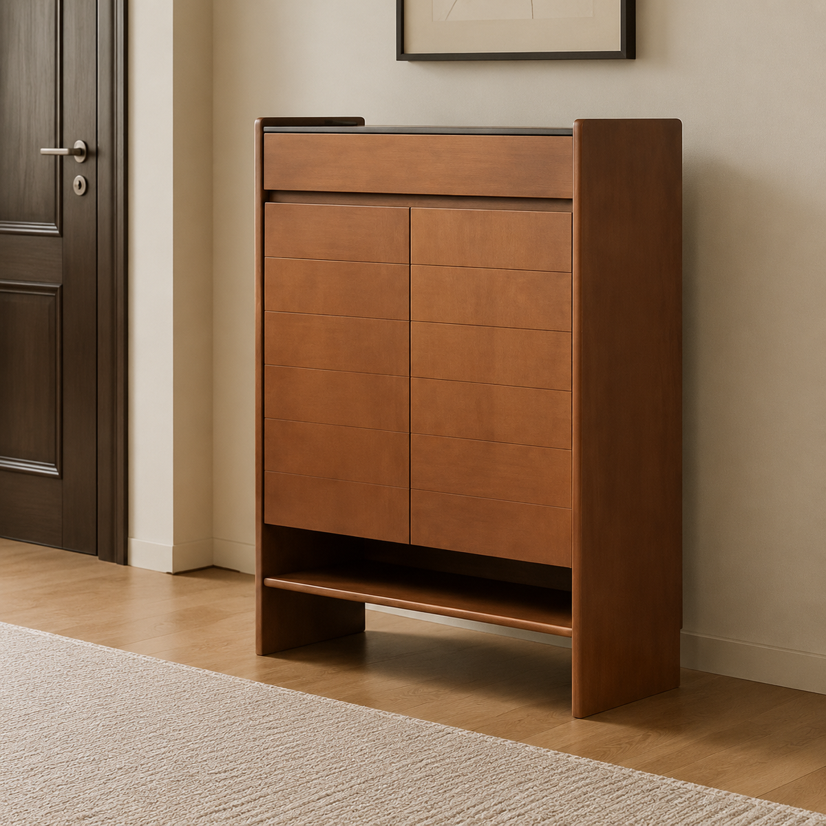 Cherry Wood Shoe Box, 90cm Width, Slim, Shoe Cabinet, No Assembly Required, Entryway Storage