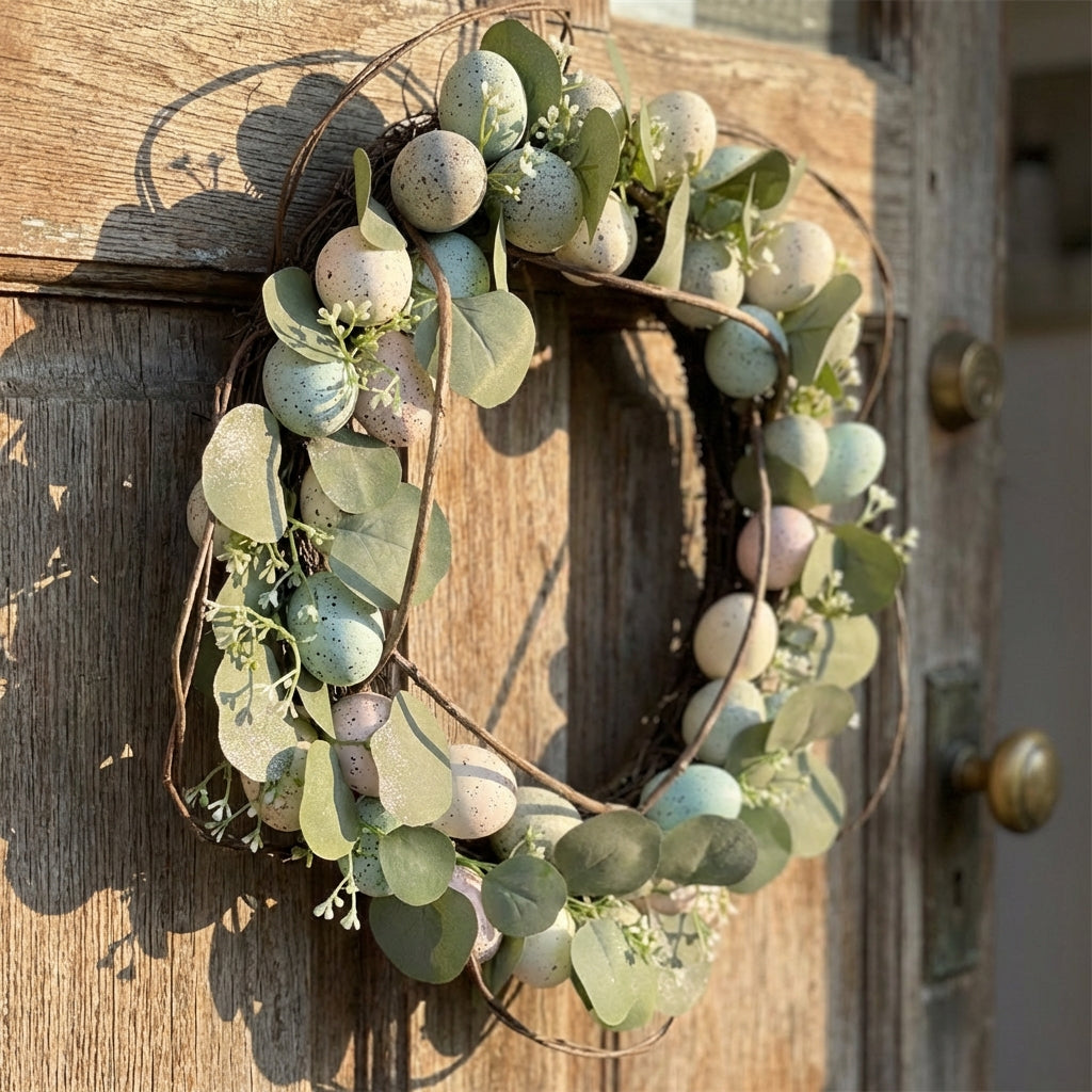 17.7 inches Easter Egg Wreath Artificial Greenery Easter Wreath Rustic Design Spring Door Hanger for Homeowners, Families, Entryway, Outdoor, Wall Decor