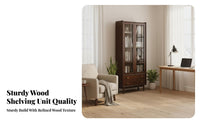 ruby Wood Finish bookshelf with Glass Doors Japanese aesthetic Tall Glass-Door Cabinet Large Capacity bookshelf Minimalist Design for Book Lovers, Collectors, Office Workers, Study Room, Bedroom, Retail retail unboxedlet