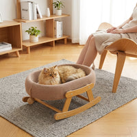 Cat Swing Rocking Bed with Scratching Board, Solid Wood Frame Indoor Cat Scratcher, Warm Winter Kitten Bed for Comfortable Resting and Play