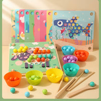 Fine Motor Skills Bead Matching Board with Tools Smooth Sorting Board with Cups Educational Wooden Bead Game Learning for Preschoolers