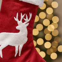 Christmas Stockings with Embroidered Reindeer and Snowflake Designs, Red and White Holiday Gift Bags