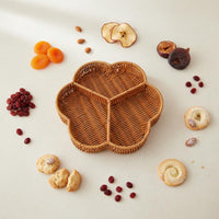 Woven Divided Serving Tray Rustic Style Fruit and Snack Serving Tray Hollow-out Design Flower Shaped Snack Basket for Living Room, Tabletop, Party