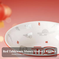 Ceramic Pasta Bowl Set, Red Fu Character, Chinese Design, Festive New Year Tableware, Home Dinnerware, 2025