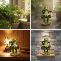 Cute Frog Figurine with Shoulder Pole Whimsical Cartoon Frog Statue Decorative Sculpture Funny for Collectors, Living Room, Bookshelf, Office, Plant Display