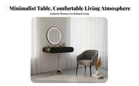 Minimalist and aesthetic Narrow Vanity with Round Mirror Modern visual appeal Makeup Table Space-Saving Design Bedroom Furniture Single Drawer Storage for Apartment Dwellers, Women, Teens, Small areas, Dorm Room, walk-through Closet