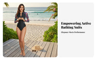 Long Sleeve Zip up Bathing Suit Sun Protection women's Piece-Piece Sun Shirt Front Fastener Wave Suit Color Panel Design