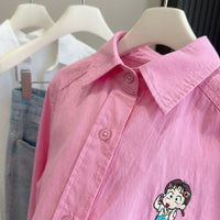 Ladies Long Sleeve Shirt with Embroidered Cartoon Detail for Spring, Casual Jacket with Front Patchwork Design for Women