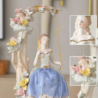 Girl on Swing Figurine Handmade Figurine with Flower Tree Glazed for Vanity