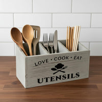 Rectangular Wooden Utensil Storage Box Decorative Lettering Three Compartment Utensil Organizer Rustic Country Cutlery Storage Box for Tabletop