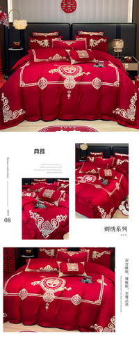 婚庆四件套婚嫁新婚床品刺绣被套红色龙凤婚房婚床喜庆中式套件 1.8床【四件套】被套200*230cm 龙凤传奇QXF-金【精品刺绣】