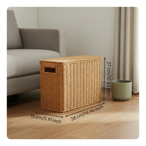 Braided Container Basket with Lid Sturdy Frame Rattan Style Storage Box Handwoven Woven Decorative Box for Living Room, Bedroom, Washroom