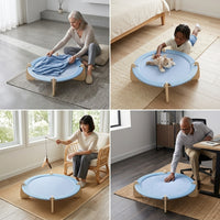 Elevated Cat Bed with Two-Tier Round Woven Design, Wood Cat Hammock with Cooling Mat for Indoor Cats, Raised Bed Indoor Resting Place for Pets