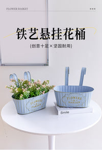跨境复古蓝铁艺壁挂花盆美式壁挂阳台绿植多肉铁皮花盆栅栏花盆