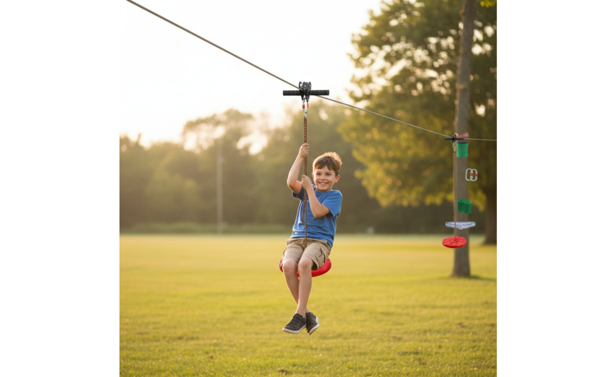 Overhead Glide System Kit Spring Brake Overhead Glide System with Seat Outdoor Zip Line Trolley for Kids, Families, Playground