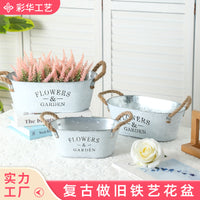 【严选】椭圆形铁皮花盆田园多肉铁艺花盆复古白色阳台盆栽花器桶