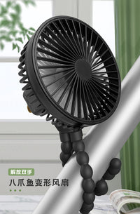 New Octopus Fan with Night Light, USB Rechargeable, 3 Speeds, for Desk, Handheld, or Stroller