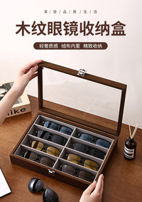 Solid Wood 8-Grid Eyeglass Storage Box, Premium Walnut Color, Sunglasses Display Tray for Optical Shops, Portable
