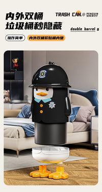 Penguin Sheriff Cartoon Flip-Top Trash Can with Wheels, 10L, PP, Black