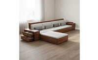 Walnut Wood Storage Sectional Two-Season-Season Use L-Shaped Wooden Sofa Water Resistant Material Chinese Design Sofa Set for Living Room