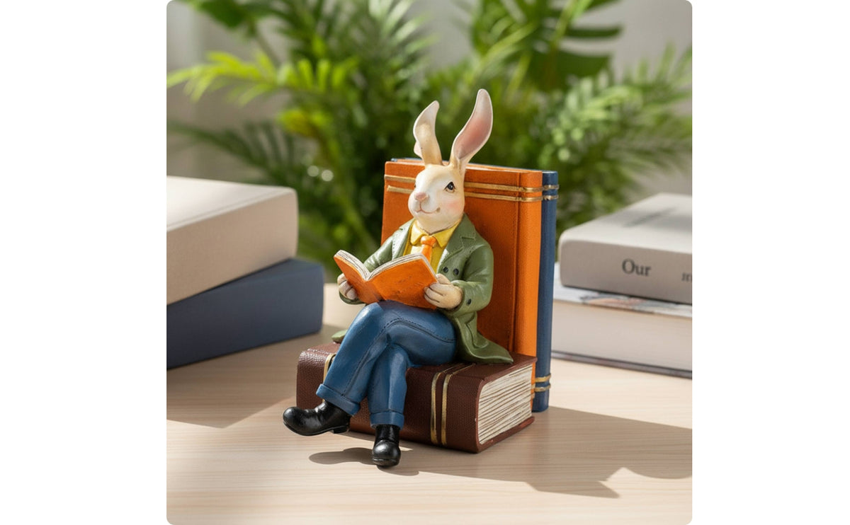 Whimsical Rabbit Reading a Book Literary Bunny Figurine Storybook Rabbit Figurine Charming for Teachers, Students, Desk, Office