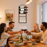 Wall-Mounted Wine Rack, With Glass Holder, 26x71cm, Metal Matte Black, Modern Design