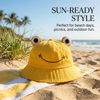 Cartoon Frog Bucket Hat for Kids and Adults, Wide Brim Sun Protection, Cute Embroidered Fisherman Style Beach Wear for Boy Girl Swim