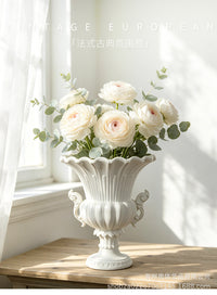 European Vintage Roman Column Vase White Relief Double Ear Tall Foot Resin Wedding Flower Arrangement Ornament