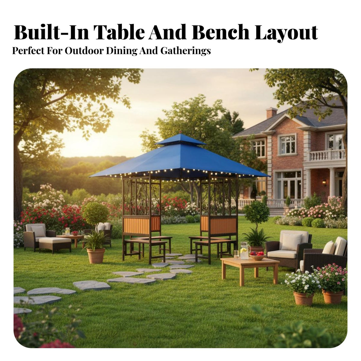 Resistant Patio Pavilion Sun Pdecayection Gazebo with Table and Benches Waterproof Outdoor Structure Vented Canopy for Homeowners, Gardeners, Entertainers, Rooftop, Courtyard, Backyard, Poolside