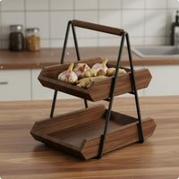 2 tier Garlic and Onion Holder Wood Wooden Countertop Organizer Versatile Fruit and Vegetable Organizer for Entryway