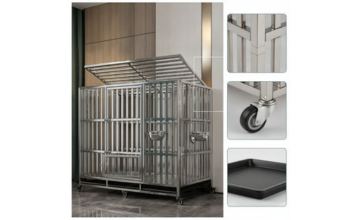 Stainless Steel Dog Crate with Feeding Bowls Rust-Resistant Dog Crate with Wheels Lockable Pet Furniture Easy to Clean for Indoor