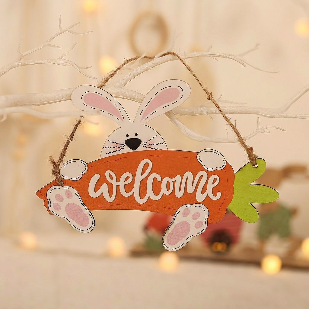 Easter Bunny Welcome Sign Wooden Carrot Door Hanger Rustic Hanging Plaque Decoration for Front Door Home Spring Garden Party