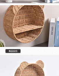猫耳朵藤编置物架圆形收纳筐卧室壁挂化妆品收纳架多肉植物展示架