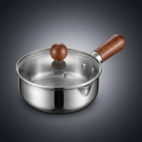 Baby Food and Milk Pan Stainless Steel Pot for Induction Hobs, Small Saucepan with Lid and Glass Lid, Noodle Pot with Wooden Handle, 1 Pack