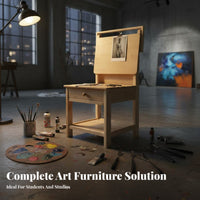 Multifunctional Art Student Desk with Drawer Integrated Design Drawing Table Stool Combo Multi-Purpose All-in-Single Art Station Space-Saving for Beginners, Hobbyists, Designers, School, Study Room, Workshop, Home Office