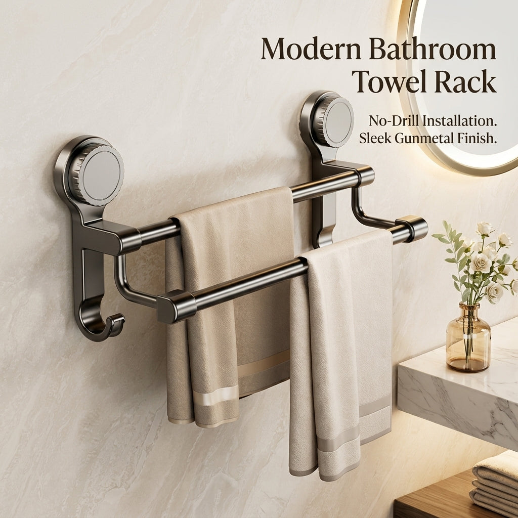 Bedroom Towel Bar and Hanging Rack for Washbasin, Space Aluminum Bathroom with No Drill Suction Cup Installation