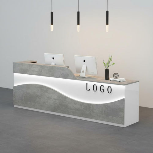 Luminous Curved Reception Desk High-Gloss Finish LED Cashier Counter Wide Countertop LED Reception Desk for Shopkeepers, Cafe, Company Entrance, Lobby