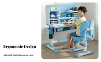 Adjustable Child's Study Desk with Hutch Set Ergonomic Children's Writing Table Student Workstation Chair Storage Bookstand Engineered Wood Steel Suitable for Children's Bedroom Study Room Homework