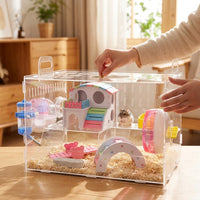 Large Hamster Cage with Built-in Passageways, Acrylic Transparent Hamster Cage Starter Kit for Dwarf Hamster and Pet Mice, Flat Bottom Base