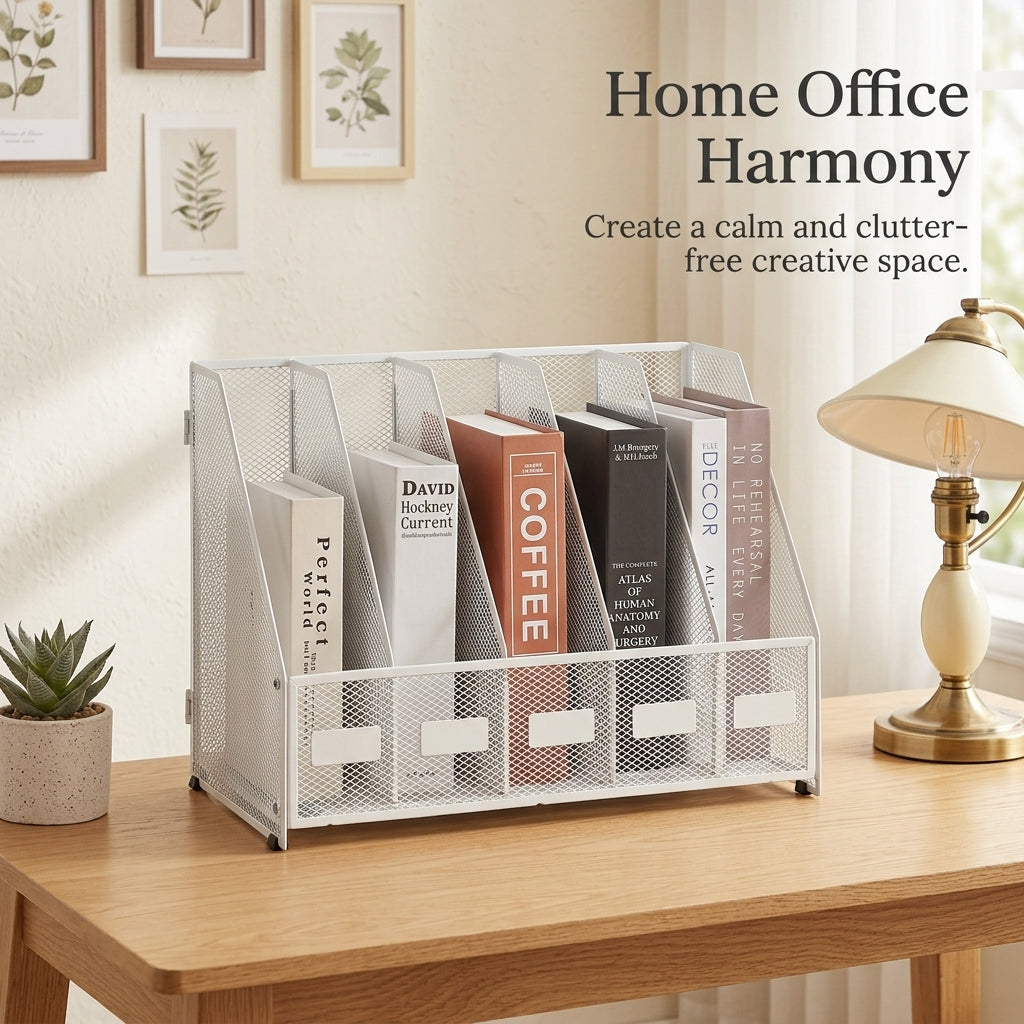 5 Tier File Organizer for Office, Foldable Metal Document Rack Carbon Steel, Desktop Holder for Study Room Students, White