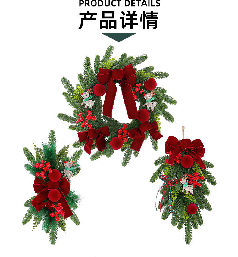 Christmas Wine Red Flocked Red Berry Hanging Tree Simulation Wreath Door Decoration