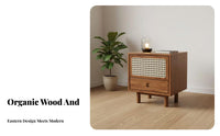 Rattan accent Nightstand natural simplicity aesthetic look Wicker Front End Table handmade Single Drawer Storage for homeowners