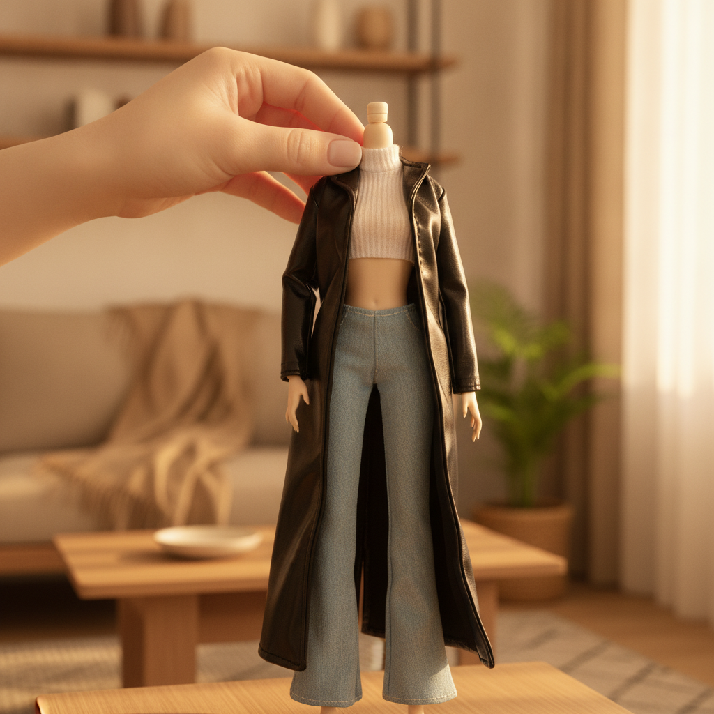 Fashion Doll Outfit Set - PU Leather Suit for 1/6 Scale 30cm Dolls, OL Style Long Jacket and Bell Bottom Pants