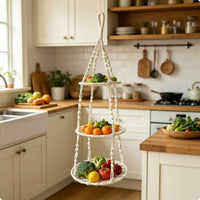 Three Tier Hanging Basket Decorative Cotton Rope Fruit Basket Large Capacity