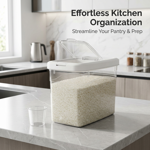 Airtight Food Storage Containers, Large Capacity Rice Bucket, Press Button Dispenser with Measuring  - Image 2