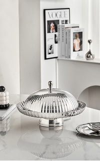 Nordic Style Stainless Steel 304 Serving Tray with Lid, Striped Pattern, for Desserts and Fruits